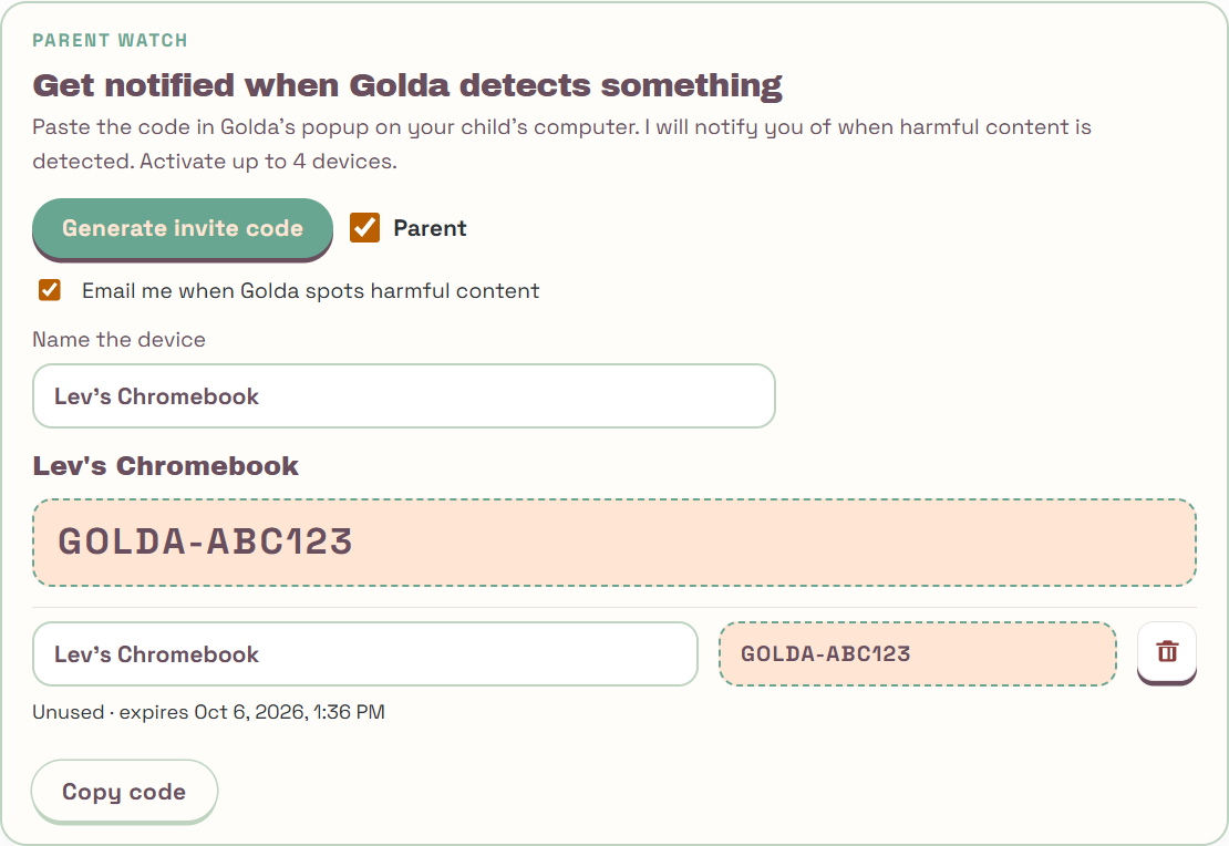 Parent watch with Parent checked, the device named Lev's Chromebook, and invite code GOLDA-ABC123.